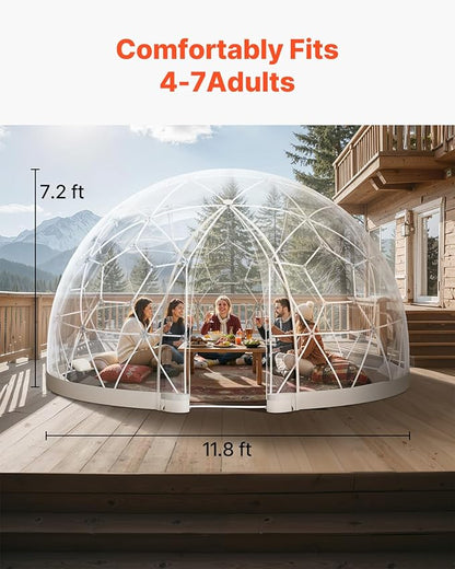VEVOR Garden Dome Tent 12 x 7.2 ft Clear Bubble Tent House for 4–7 Person | Outdoor Igloo Waterproof PVC Geodesic Dome Greenhouse with Ventilated Window, 360° Crystal-Clear View for Gardens Patios