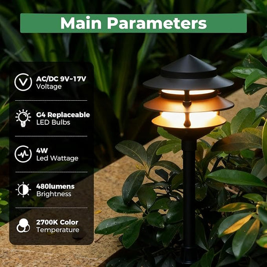 Gardencoin Pagoda Low Voltage Landscape Pathway Lights, 12V Outdoor LED Path Lights Wired, Aluminum Walkway Lighting with 4W 2700K Replaceable G4 Bulb, Classic 3-Tier Lantern, 6 Pack