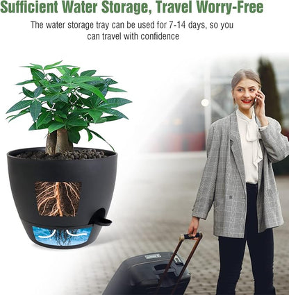 UOUZ 12 inch Large Self Watering Pots, Plastic Planters with 60oZ Removable Deep Reservoir and Multi Mesh Drainage Holes for Indoor Outdoor Garden Plants and Flowers, Black