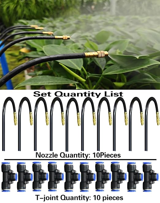 20-Piece Drip Irrigation Kit - 10 Adjustable 360° Misting Sprinklers & 10 Push-to-Connect 12-8mm Tee Fittings, Tool-Free Watering System for Garden, Greenhouse, Potted Plants