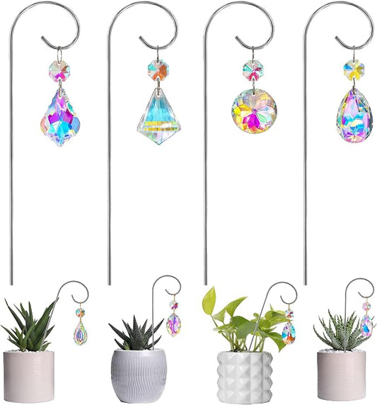 Set 4 Small Trellis with Crystal Prisms Suncatchers for Plant Decorations | Rainbow Maker,Plant Garden Stakes Sun Catchers For for Mini Potted Plants,Plant Accessories Indoor (Sliver,7.5inch)