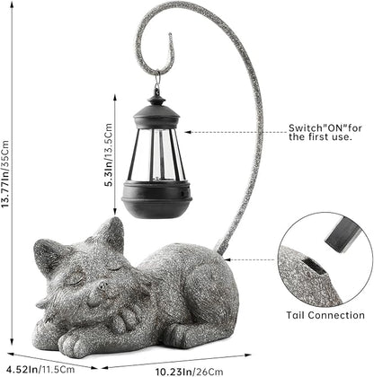 WSgift Outdoor Cat Figurine Garden Statue with Solar-Powered LED Light 13.77 Inches Tall Gift Garden Statue Decor for Cat Lovers Marbled
