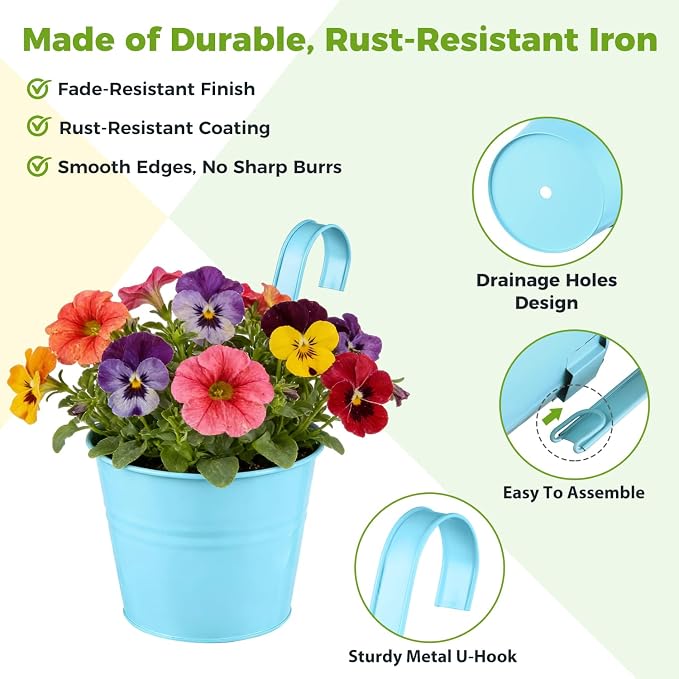 12 Pack Balcony Planters Railing Hanging, Colorful Railing Planter 6.4 Inch Plant Pots with Drainage Holes Hanging Plant Holder Indoor Hanging Planter Outdoor Flower Pots