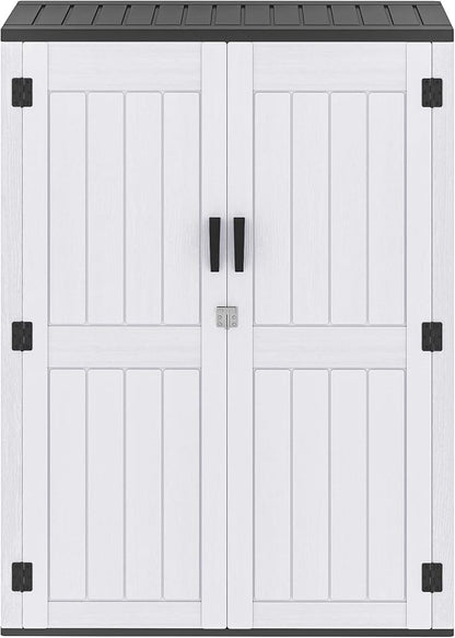 DWVO 59 Cu. Ft. Vertical Storage Shed, Weatherproof Outdoor Tall Cabinet with Double-Wall Panels and Floor, Lockable Resin Shed for Garden, Garage, Patio, Light Gray (Shelves Not Included)