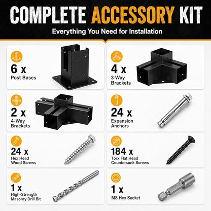 Heavy Duty 3-Way Pergola Brackets for 4x4 Lumber (Actual 3.6"x3.6"), 6PCS Post Base & 4PCS 3-Way & 2PCS 4-Way, DIY Pergola Kit with Screws for Garden, Gazebo, and Patio.