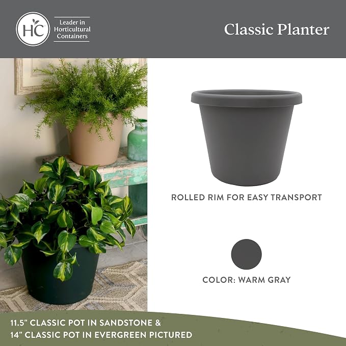 The HC Companies Classic Round Plastic Plant Pot w/Rolled Rim - Lightweight & UV Resistant Flower Pot for Herbs & More - Outdoor & Indoor Plant Pots w/Drainage (14 inch Warm Gray, Pack of 1)