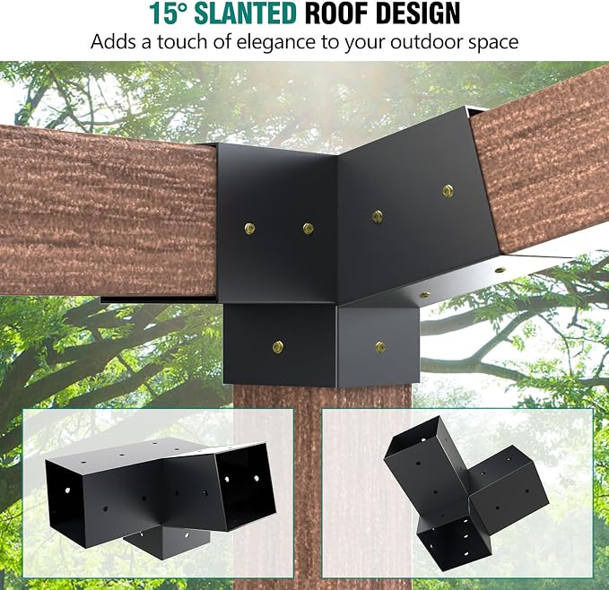 Pergola Brackets, 2 Pack Woodworks Pergola Kit 15° 3-Way Right Angle Corner Bracket with Post Base for 4x4'' (Actual: 3.5x3.5'') Wood Beams Elevated Wood Stand Kit 6 Pc