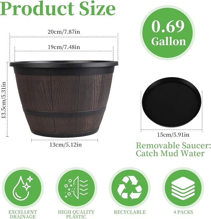 Myfeegoin 8-inch-Pots-for-Plant-Outdoor, 4 Pack Plastic Whiskey Barrel Planters Plant Pots with Drainage Hole & Saucer, Decorative Indoor Flower Pot for House Garden Porch