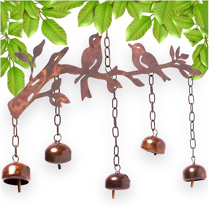 Happy Gardens Bird Wind Chimes with Bells | 5 Suspended Bells Windchime with Birds Garden Decor | Mothers Day Outdoor Gifts & Backyard Decorations