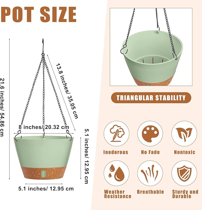 Amyhill 6 Pcs 8 Inch Hanging Planter for Indoor Plants Self Watering Hanging Pot Baskets with Drainage Hole Visible Water Level Tray with Hooks for Garden Outdoor(Green)