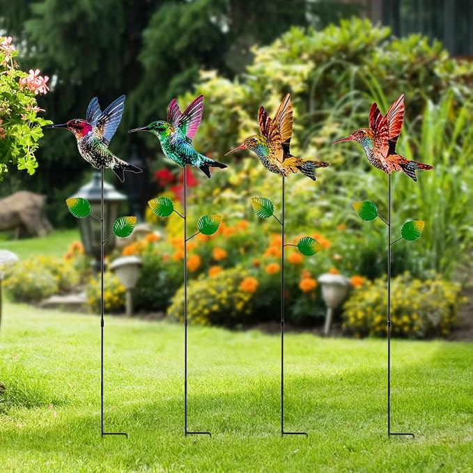 4 Pack Hummingbird Decorative Garden Stakes,Waterproof Garden Decor for Outside,Metal Yard Art Spring Decor for Outdoor Porch Lawn Pathway