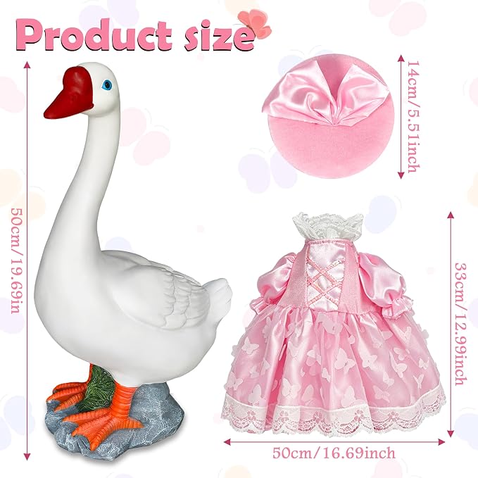 Porch Goose Statue with Princess Outfits - Cute Resin Goose Figurine with Pink Princess Dress Bow Hat, Waterproof Weather Resistant Garden Decor for Patio Lawn Room, Gift for Women Goose Lovers