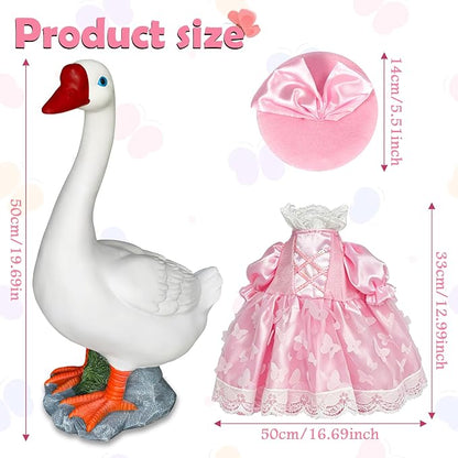 Porch Goose Statue with Princess Outfits - Cute Resin Goose Figurine with Pink Princess Dress Bow Hat, Waterproof Weather Resistant Garden Decor for Patio Lawn Room, Gift for Women Goose Lovers