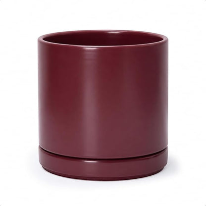 D'vine Dev 8 Inch Ceramic Planter Pot, Cordovan, 94-O-D-4 | Modern Cylinder Design, Drainage Hole & Saucer Included, Stable Structure, Elegant Home Accent