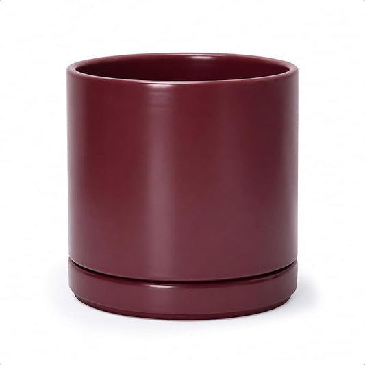 D'vine Dev 8 Inch Ceramic Planter Pot, Cordovan, 94-O-D-4 | Modern Cylinder Design, Drainage Hole & Saucer Included, Stable Structure, Elegant Home Accent