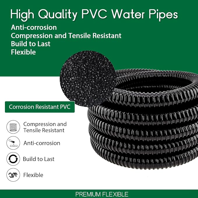 LONGRUN Pond Tubing 1.5 Inch 1-1/2'' Diameter, 26.9 ft Long Corrugated Flexible Hose Pipe with Clamps Pipe Fittings, Pool PVC Tube for Garden Ponds Waterfalls Camping Caravans Filters Drainage Marine