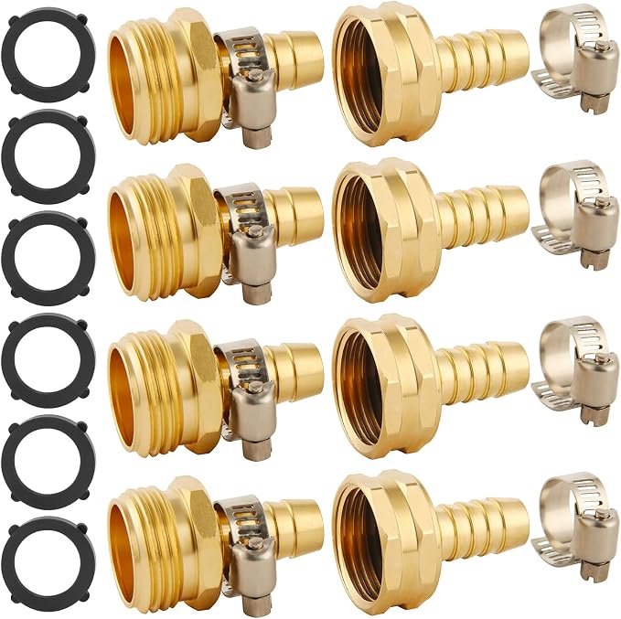 4 Set Brass Garden Hose Repair Connector Kit with Clamps, Fit for 1/2" Garden Hose Fitting,1/2'' Barb x 3/4'' GHT Garden Hose Adapter/Fittings, Water Hose Repair Kit