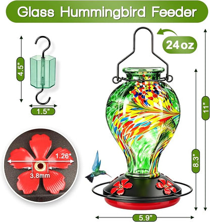 Hand Blown Glass Hummingbird Feeders for Outdoors Hanging, 24oz Wild Bird Nectar Feeder with Ant Moat and Perch, Bee-Resistant Ports, Garden Decor, Gifts for Women Mom, 1 Pack, Green Phoenix