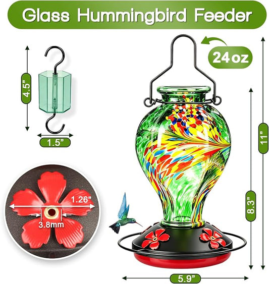 Hand Blown Glass Hummingbird Feeders for Outdoors Hanging, 24oz Wild Bird Nectar Feeder with Ant Moat and Perch, Bee-Resistant Ports, Garden Decor, Gifts for Women Mom, 1 Pack, Green Phoenix