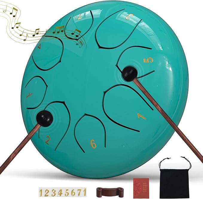 Rain Drum for Outside Garden, 6 Inches 8 Notes Steel Tongue Chakra Drums, Waterproof Meditation Rain Chime, Musical Instruments for Adult Gift with Bag, Music Book, Drum Mallets (Blue)