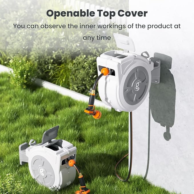 Giraffe Tools Retractable Hose Reel 1/2" x 65 ft Garden Hose Reel Heavy Duty, Any Length Lock with Swivel Bracket, 9-Function Sprayer Nozzle