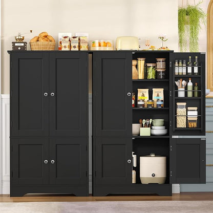 TEENFON Storage Cabinet with 4 Doors, Kitchen Cabinet with 6 Door Shelves, Kitchen Pantry for Living Room, Dining Room, Bathroom, Black