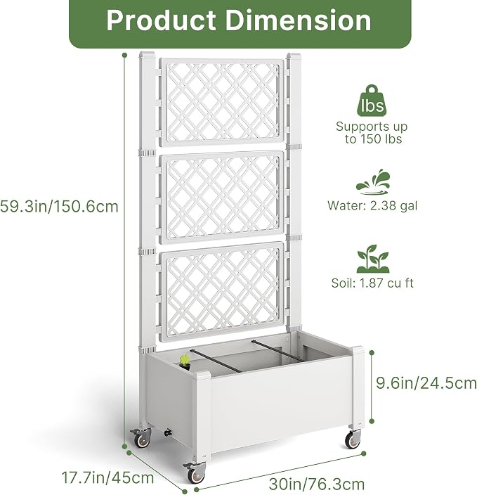 Miory 60" Raised Garden Bed with Trellis & Wheels, Vertical Gardening Planter Box with Water Level Indicator and Drainage System for Garden Outdoor Patio Balcony