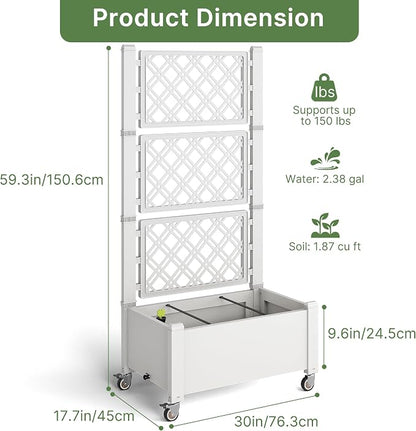 Miory 60" Raised Garden Bed with Trellis & Wheels, Vertical Gardening Planter Box with Water Level Indicator and Drainage System for Garden Outdoor Patio Balcony