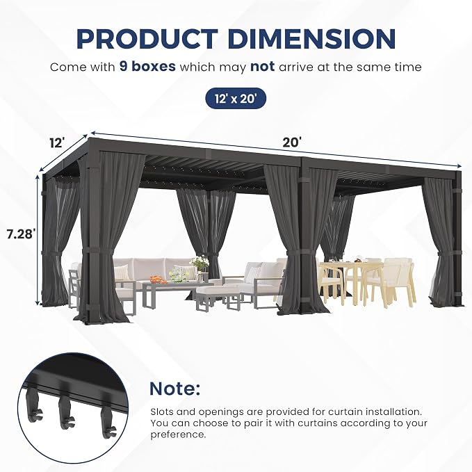 12' x 20' Louvered Pergola, Aluminum Frame Outdoor Pergola with Curtains & Netting, Adjustable Louvered Roof & Integrated Gutter System, Hardtop Patio Gazebo for Backyard, Patio, Garden, Dark Gray