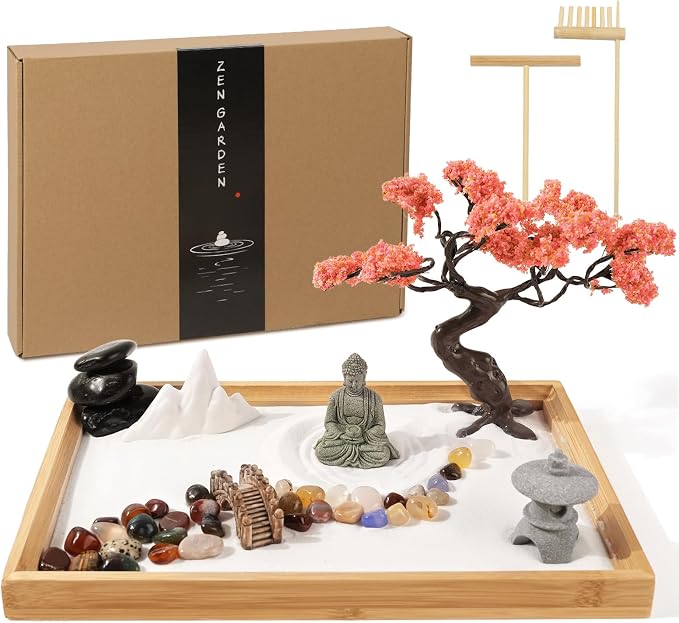 Mini Zen Garden for Desk Bodhi Tree and Buddha | Desktop Sand Tray Japanese Zen Garden Kit for Therapy Office Decor, Home Decor, Meditation Gifts