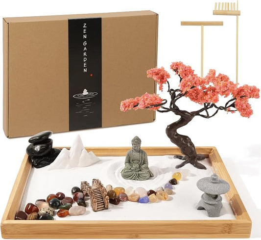 Mini Zen Garden for Desk Bodhi Tree and Buddha | Desktop Sand Tray Japanese Zen Garden Kit for Therapy Office Decor, Home Decor, Meditation Gifts