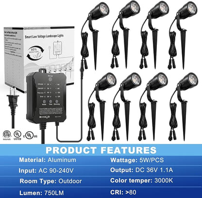 SMY Lighting All-in-One Low Voltage Landscape Lighting Kit, 8 Pack 5W Die-cast Aluminum Landscape Lights with Transformer and Connectors, IP65 Waterproof Outdoor Spot Lights for Pathway Yard Garden