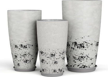 QCQHDU 24, 21, 18 inch Tall Planters for Outdoor Plants, with Drainage Hole & Saucer, Set of 3 Tall Outdoor Planter for Indoor & Outdoor Plants, Modern Home Decor