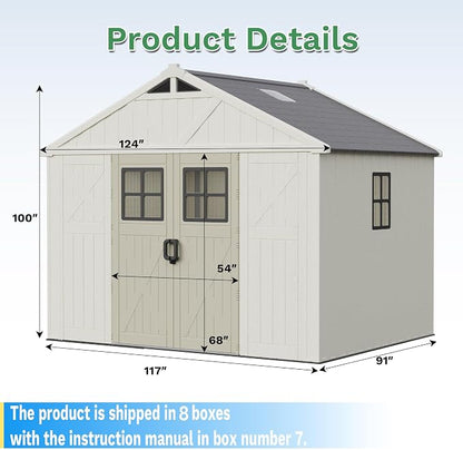 Greesum 10X8FT Plastic Outdoor Storage Shed with Floor and Lockable Door, Resin Sheds with 4-Windows and Multiple Skylights, HDPE Kick-it Shed for Garden, Patio, Backyard, Beige