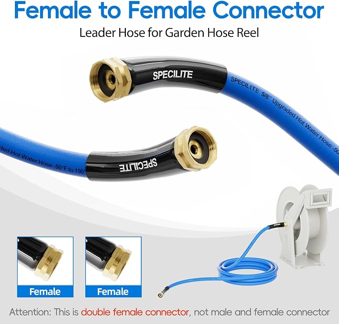 SPECILITE Female to Female Hot/Cold Garden Water Hose 10 ft x 5/8 Inch for Hose Reel, -50℉ To 190℉, Heavy Duty, Flexible, Burst 605 Psi, Rubber Extension Pipe with 3/4" Brass Fittings