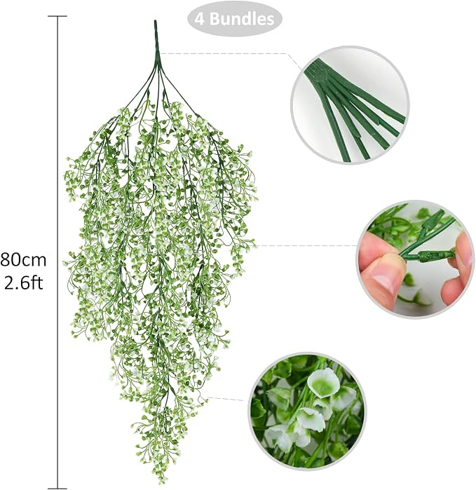 RECUTMS Faux Vines Hanging Flowers Artificial Hanging Plants 4Pcs Fake Hanging Fern Vines Greenery for Summer Spring Indoor Outdoor Garden Wedding Patio Wall Graduation Party Decoration(White)