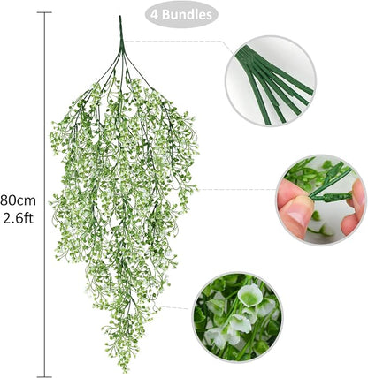 RECUTMS Faux Vines Hanging Flowers Artificial Hanging Plants 4Pcs Fake Hanging Fern Vines Greenery for Summer Spring Indoor Outdoor Garden Wedding Patio Wall Graduation Party Decoration(White)