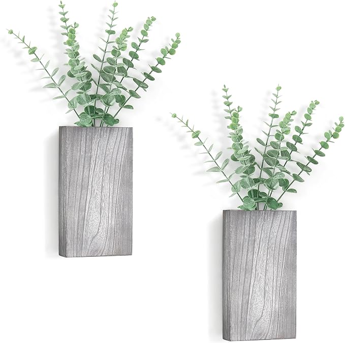 Dahey 2 Pack Wood Wall Planter Vase with Artificial Eucalyptus Farmhouse Wall Hanging Decor Pocket Planter for Indoor Fake Plants Greenery, Living Room Bedroom Kitchen Home Office Decoration, Grey