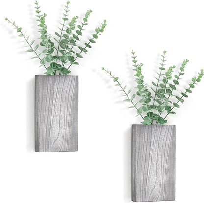 Dahey 2 Pack Wood Wall Planter Vase with Artificial Eucalyptus Farmhouse Wall Hanging Decor Pocket Planter for Indoor Fake Plants Greenery, Living Room Bedroom Kitchen Home Office Decoration, Grey