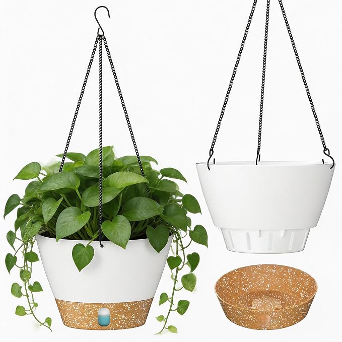 ZMTECH 2 Pack 8 Inch Hanging Planters for Indoor Plants, Modern White Hanging Planter with Visible Water Level Window & Removable Tray, Decorative Plant Hanger Indoor for Home Decor