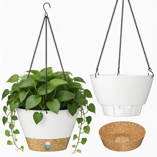 ZMTECH 2 Pack 8 Inch Hanging Planters for Indoor Plants, Modern White Hanging Planter with Visible Water Level Window & Removable Tray, Decorative Plant Hanger Indoor for Home Decor
