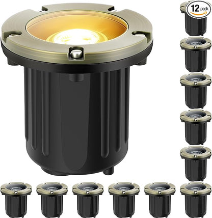 Gardencoin Brass Low Voltage Landscape Well Lights (5" Cover, 5.5" Tall), 12V LED Wired In-Ground Outdoor Up Lighting Fixture Waterproof, Adjustable Beam Direction Base, Without MR16 Bulb (12 Pack)