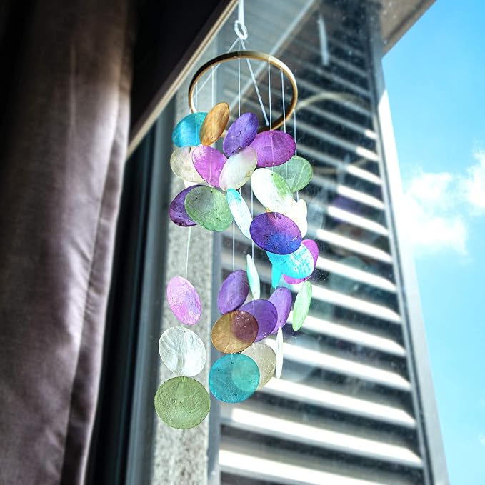 YU FENG 19.6 Inch Capiz Seashell Wind Chimes, Coastal Garden Decor | Hand Painted Metal Mobile, Rainbow Shell Design, Outdoor Hanging Ornament, Patio Yard Home Window Decoration