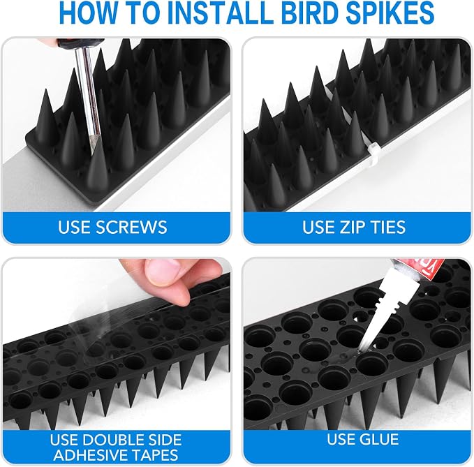 BORHOOD Bird Spikes, 40 Pack Pigeon Deterrent for Small Birds Raccoon Cats Defender for Outside to Keep Squirrel Away, Plastic Fence Spike for Railing and Roof-Black
