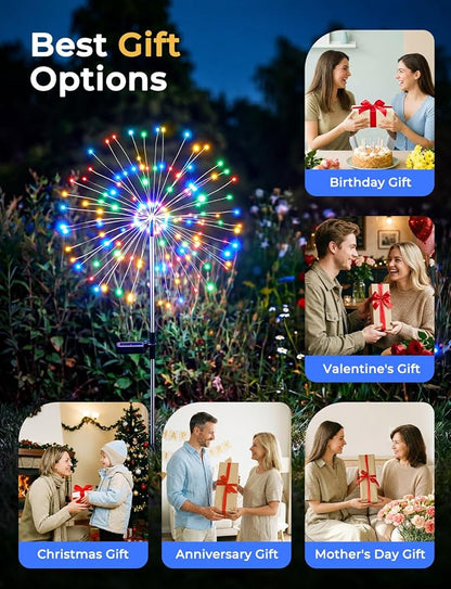 Multicolor Solar Lights Outdoor, 2 Pack 180LED Solar Garden Lights for outside, 8 Modes Firework Fairy light for Yard Pathway 4th of July Carnival Juneteenth Christmas Decor, Red/Yellow/Blue/Green
