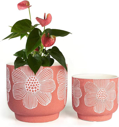 YBX 8 Inch + 6 Inch White Flower Pattern Plant Pots, Sand Glazed Ceramic Planter with Drainage Hole, Flower Pots for Indoor Plants, Red