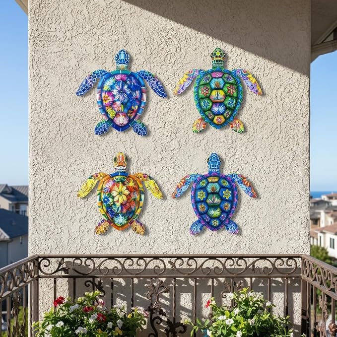 Cruis Cuka Metal Wall Art Cute Turtle 2.5 D Wall Sculpture Garden Decor for Outside Fence Decorations Lawn Ornaments Patio Backyard Decor - Set of 4