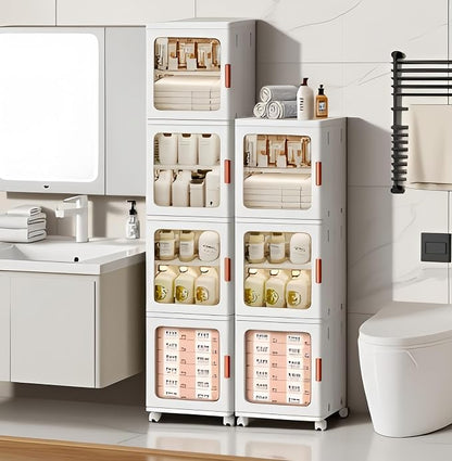 4-Tier Tall Narrow Bathroom Storage Cabinet for Small Space,White | Quick Assembly,Foldable,Plastic Organizers,Magnetic Doors,Adjustable Shelves,Slim Storage Cabinet,Wheels
