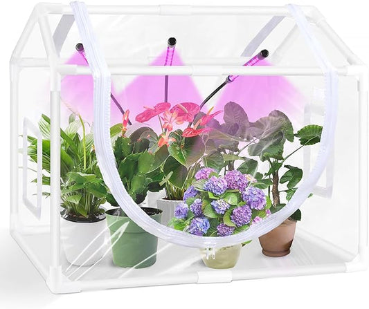 Mini Greenhouse with Grow Light, 25.6"x15.7"x20" Hard-Shell Indoor Tabletop Greenhouse for Seed Starting, Smart 3-Head Full Spectrum Plant Light with Timer, Crystal Clear Plant Nursery Kit