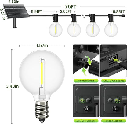 Svater Solar Outdoor String Lights 75 FT, G40 Patio Lights Shatterproof Dimmable Vintage Edison Bulbs, Solar Powered Weatherproof Light for Patio, Backyard, Garden, Bistro, Warm White